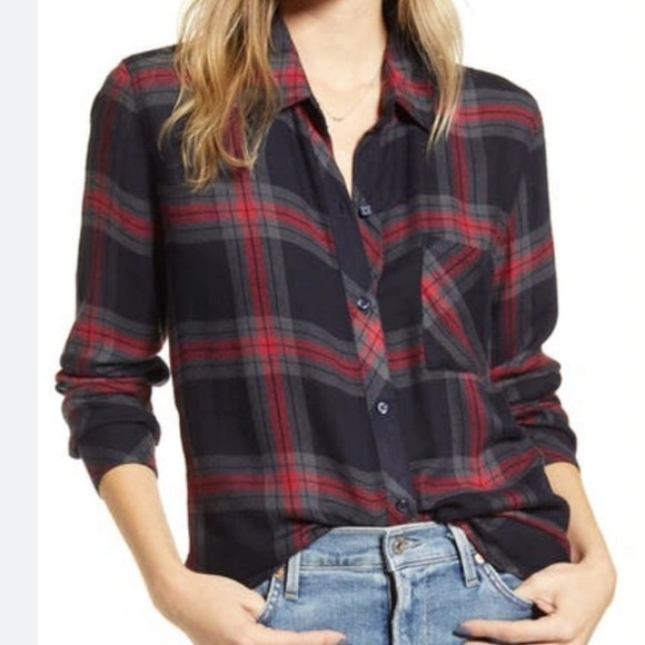 Rails Hunter Plaid Button Up Long Sleeve Shirt In Navy Iron Currant Size S - Picture 1 of 12